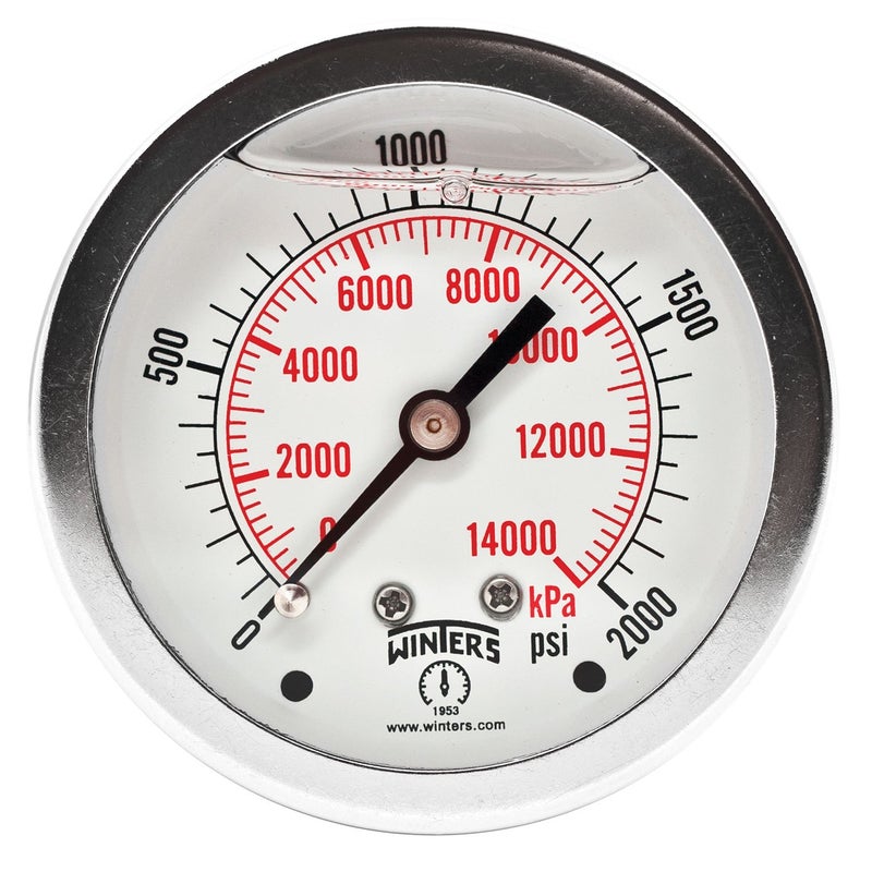 Winters 2-1/2" Dial Size, Liquid Filled Industrial Pressure Gauge, Brass Internals, Stainless Steel Case, Dual Scale 0-2,000 psi/kPa, 1.5% Acc, 1/4" NPT Back Mount, Glycerin Filled Pressure Gauge